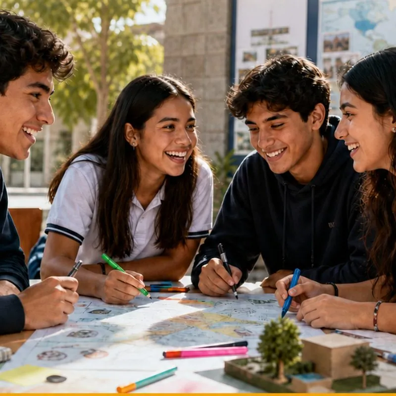 Grupo de estudiantes de UGLA trabajando en equipo en el campus